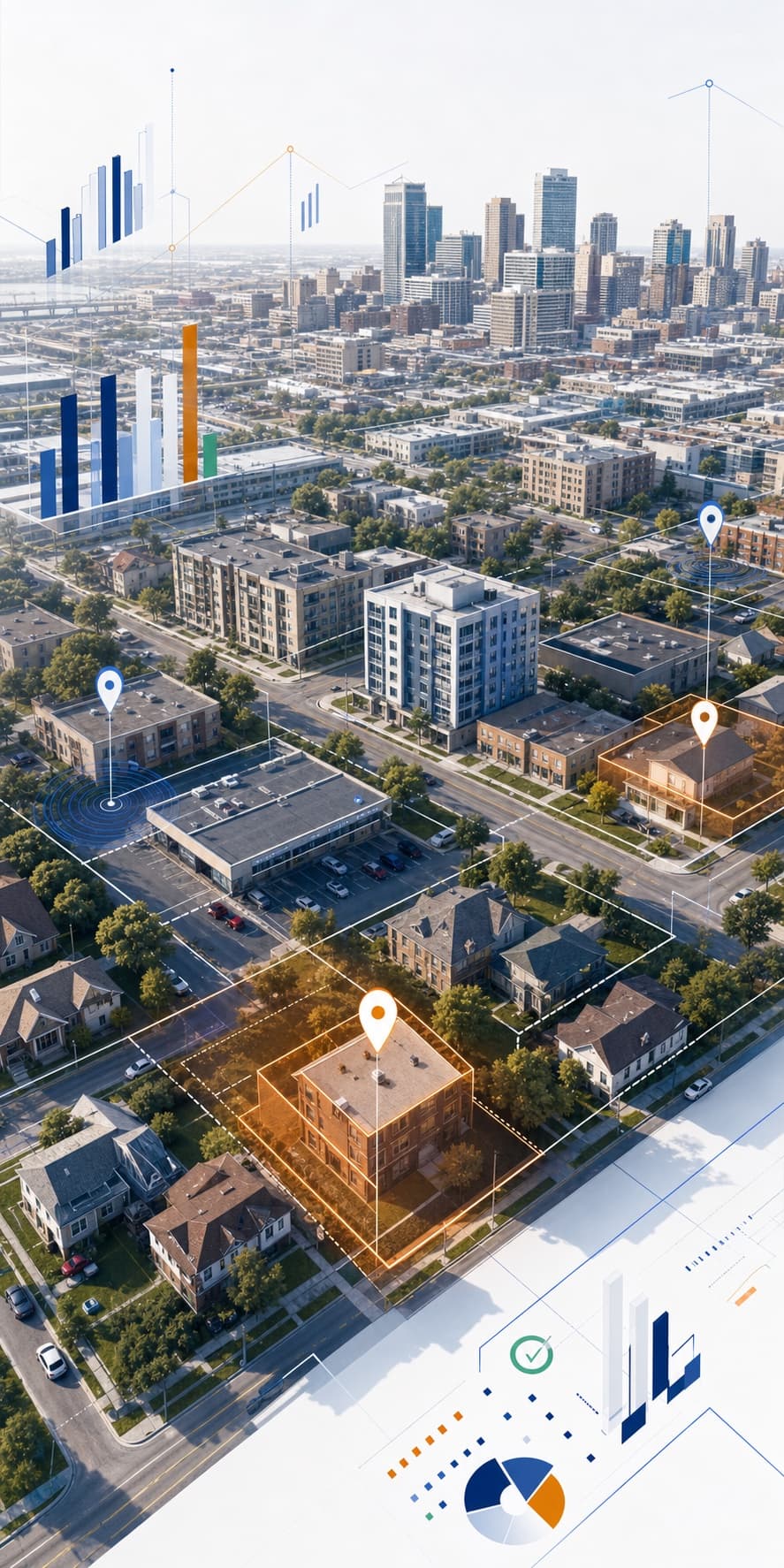 Aerial property intelligence view with highlighted parcels and market signals